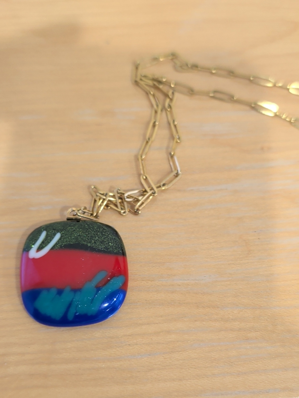 Gold Paper Clip Chain Necklace with  Glass Pendant - Red, Blue, Green Landscape